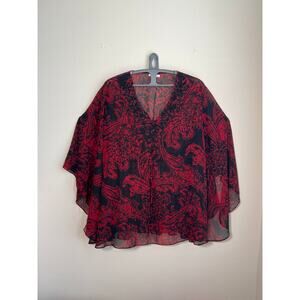 Coldwater Creek Beaded V-Neck Kaftan Top – Red & Black Paisley, Sheer, Sz 2xl
